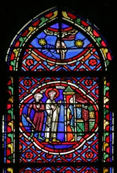 Ablak, amely jelenetet ábrázol Saint Bonnet életéből: Sainy az ajtóban hagyja áruját, és megkapja a szerzetesek szokását az abbétól